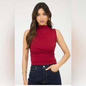 The Workshop Mock Neck Ruched Knit Top Red